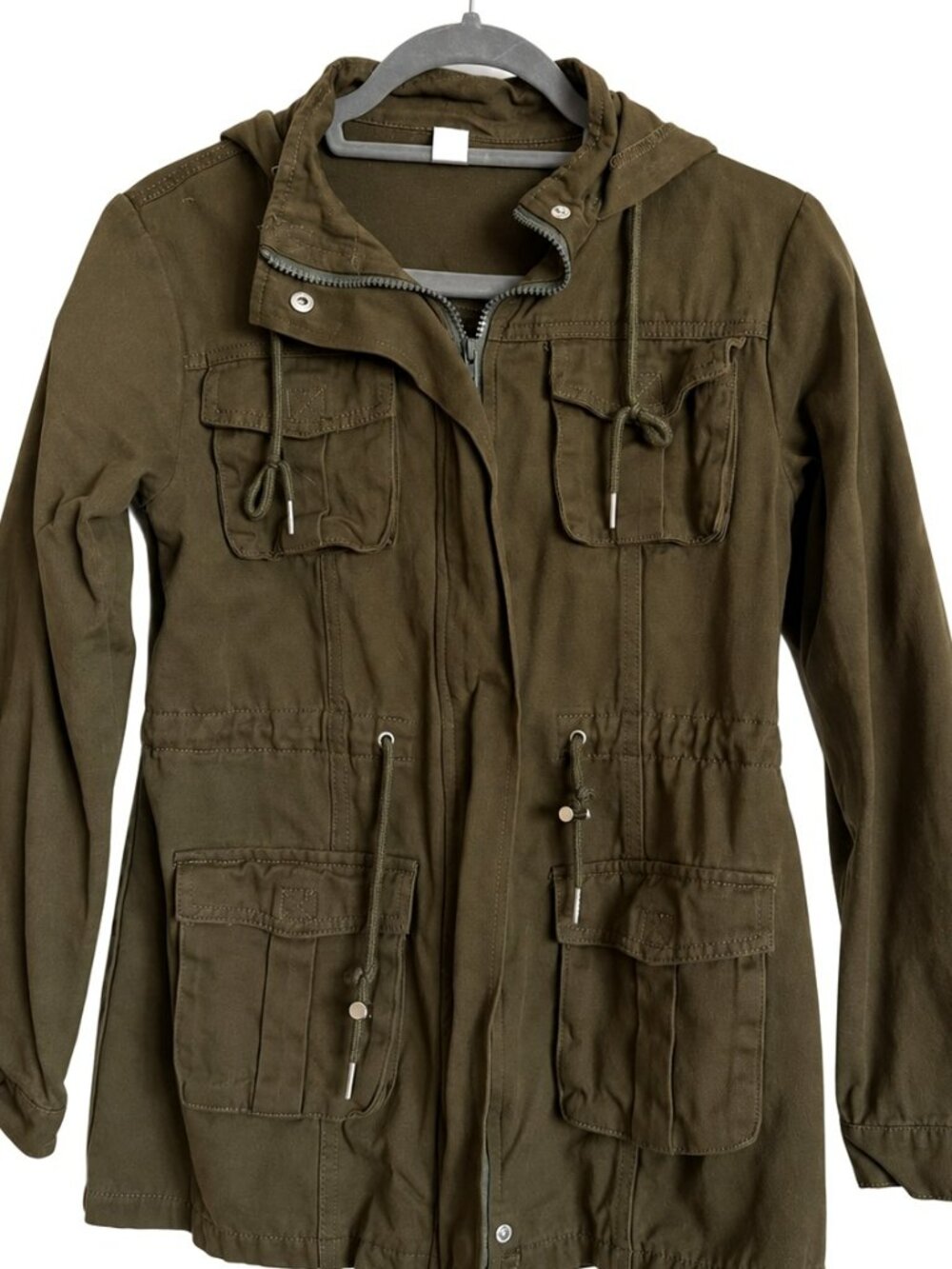 Olive Green Hooded Drawstring Utility Jacket Size M
